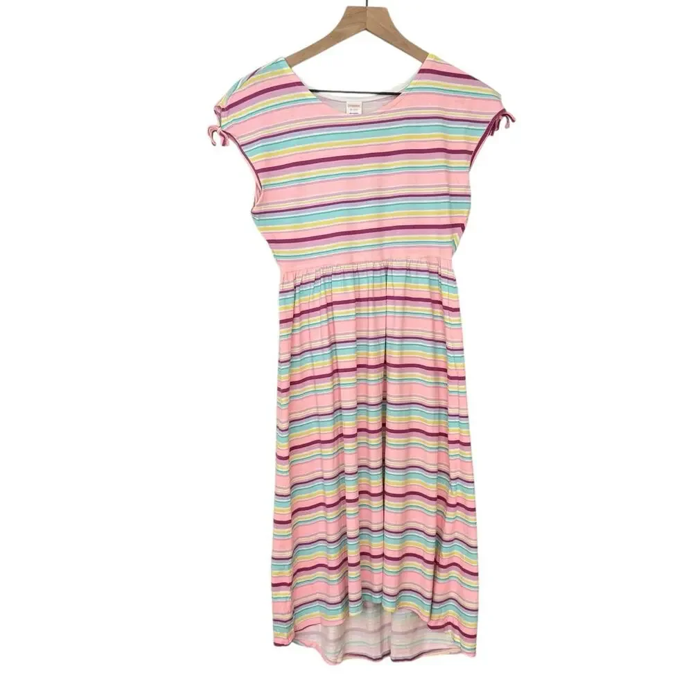 Gymboree Girls Rainbow Stripe Midi Dress XL 14 Knit Cap Sleeve Twirl Soft Preppy